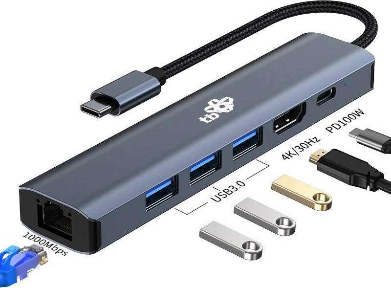 Adapter HUB USB C 6-në-1 TB, HDMI, 3x USB 3.0, PD, RJ-45, Grafit