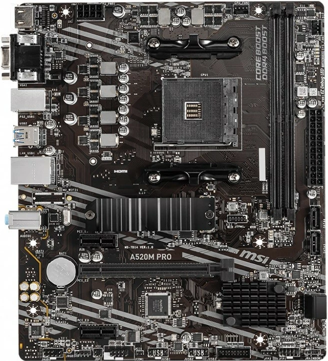 Pllakë amë MSI A520M PRO, Socket AM4, mATX, 2x DDR4, HDMI, DP, VGA, USB 3.2, E zezë