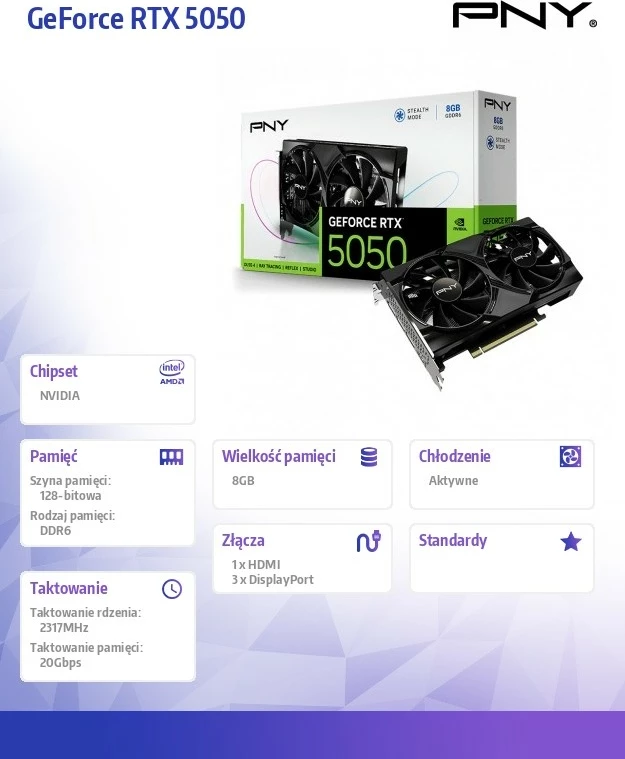 Kartelë grafike PNY GeForce RTX 5050 VCG50508DFXPB1 8GB GDDR6 PCIe 5.0 x8 3 ftohës 3xDisplayPort + HDMI