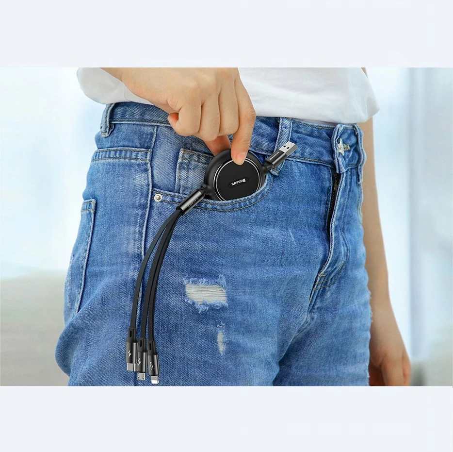 Kabllo zgjatshme 3-në-1 Baseus Golden Loop CAMLT-JH01, USB - micro USB / Lightning / USB-C, 1.2m, e zezë