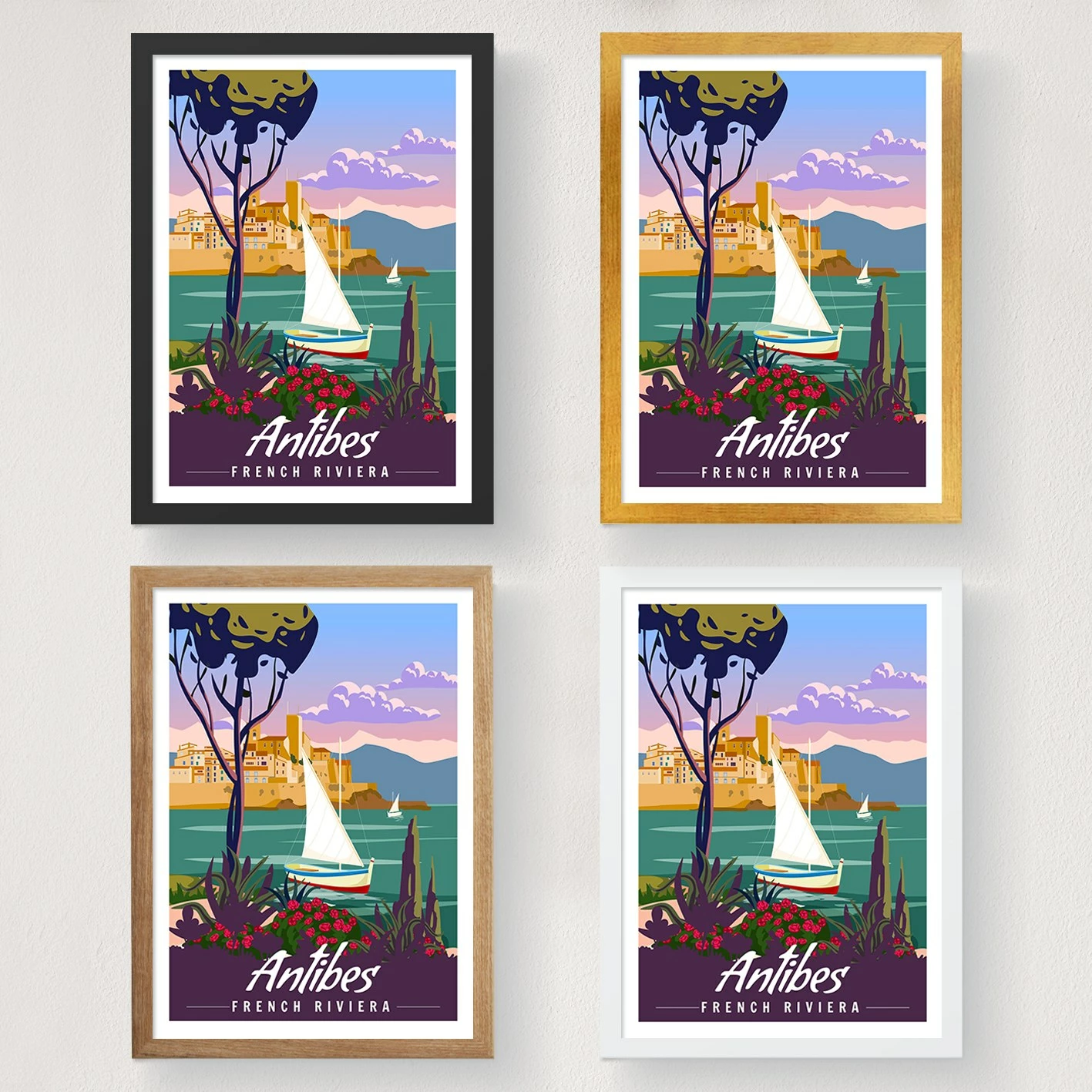 Poster A4, Antibes, French Riviera, shumëngjyrësh, pa kornizë