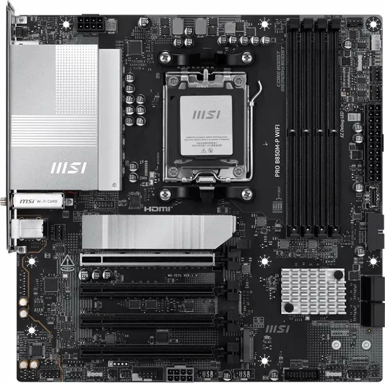 Pllakë amë MSI PRO B850M-P WIFI, Micro ATX, DDR5, WiFi 7, Bluetooth, 5G LAN, PCIe 5.0, e zezë/argjendtë, me antenë WiFi