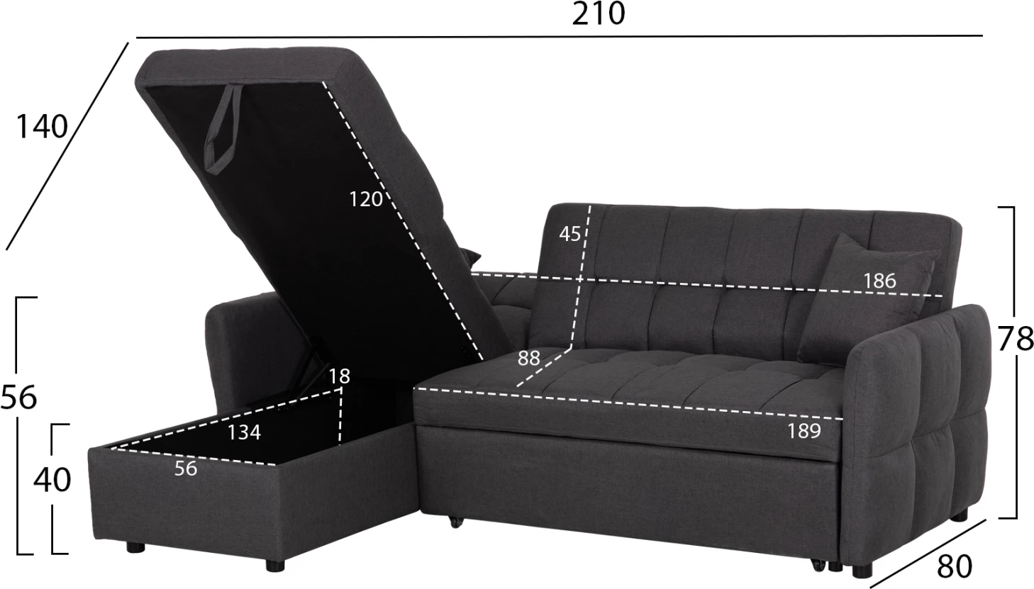 Kënd-sofë krevate me chaise të kthyeshme, ngjyrë gri, NEZU FH3294.01, 213x145x83cm