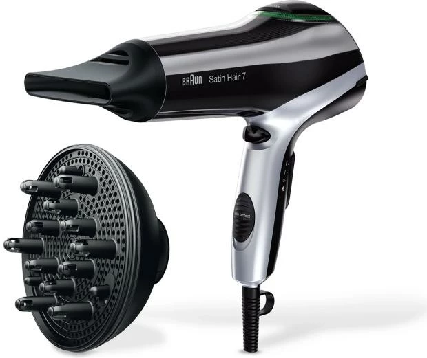 tharëse flokësh, Braun Satin Hair 7 HD710, IONTEC, 6 kombinime, me difuzor dhe grykë koncentrimi, e zezë/argjend
