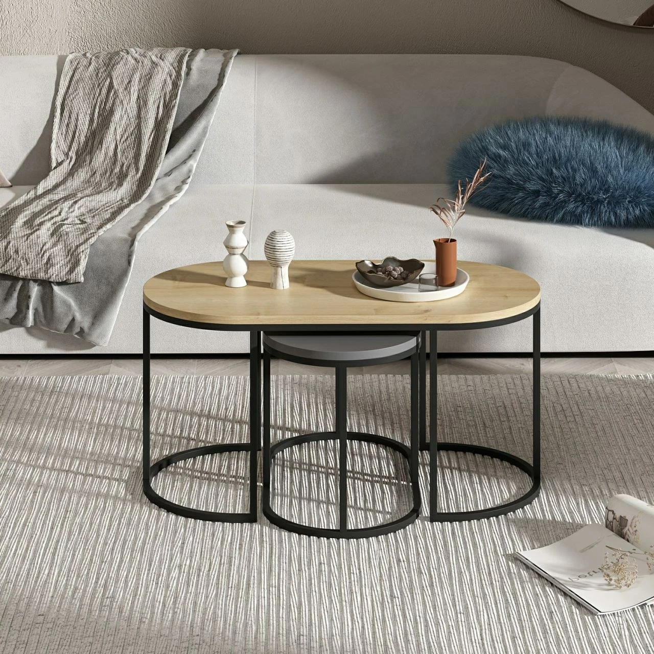 Set tavolinash të vendosshme Hanah Home, Dena, antracit dhe lis, 3 copë