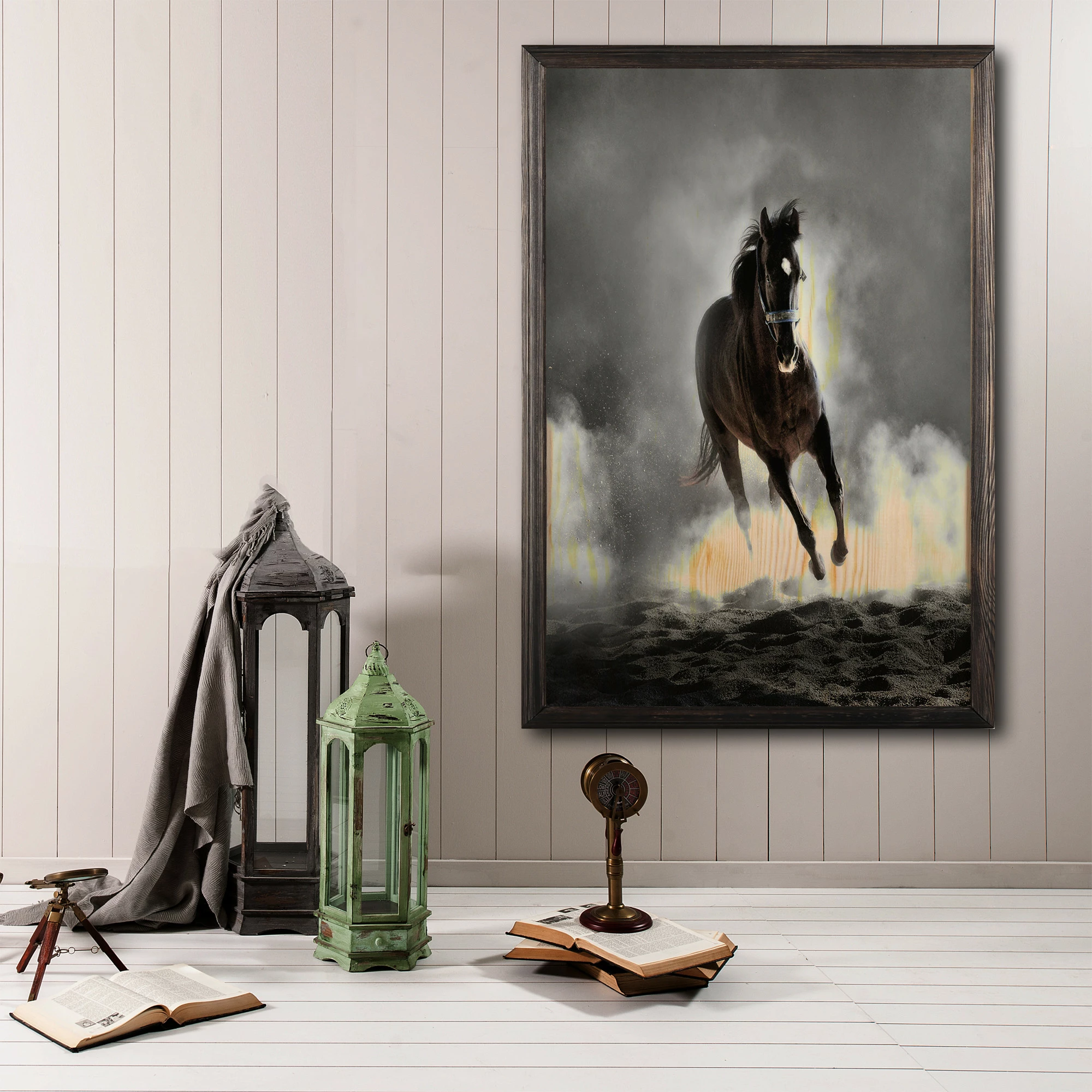 Pikturë dekorative me kornizë druri, kuaj i egër, Wallity