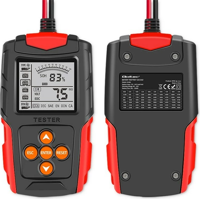 Tester baterie Qoltec 52484, digjital, LCD, 12V/24V, 3Ah-200Ah, zi/kuqe