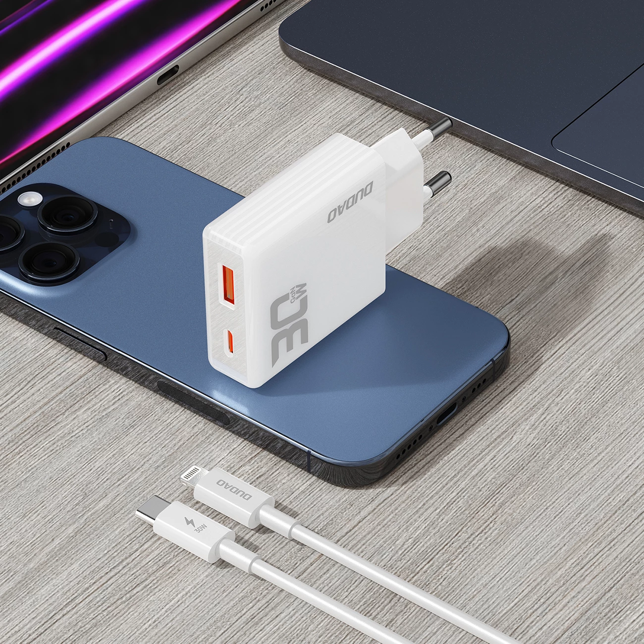 Karikues muri Dudao A30EUL, GaN, 30W, 2 porta USB-A/USB-C, me kabllo USB-C në Lightning, Bardhë