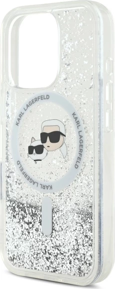 Mbështjellës Karl Lagerfeld Liquid Glitter Karl & Choupette Head MagSafe për iPhone 16 Pro, Transparent