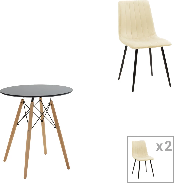 Set tavoline me dy karrige, Julita-Noor, MDF i zi, stof bezhë, 60x73cm