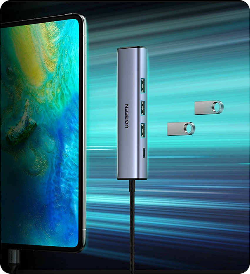 Adapter HUB multifunksional Ugreen CM475, 3x USB 3.0, Ethernet RJ-45, USB Type C PD, Gri