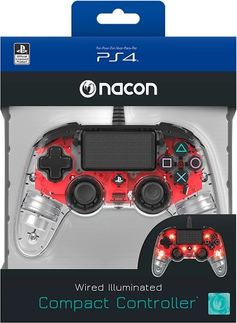 Kontrollor loje me kabllo Nacon PS4 Transparent Wired, 3 m, me vibrim, me touchpad, me portë 3.5 mm, kuqe
