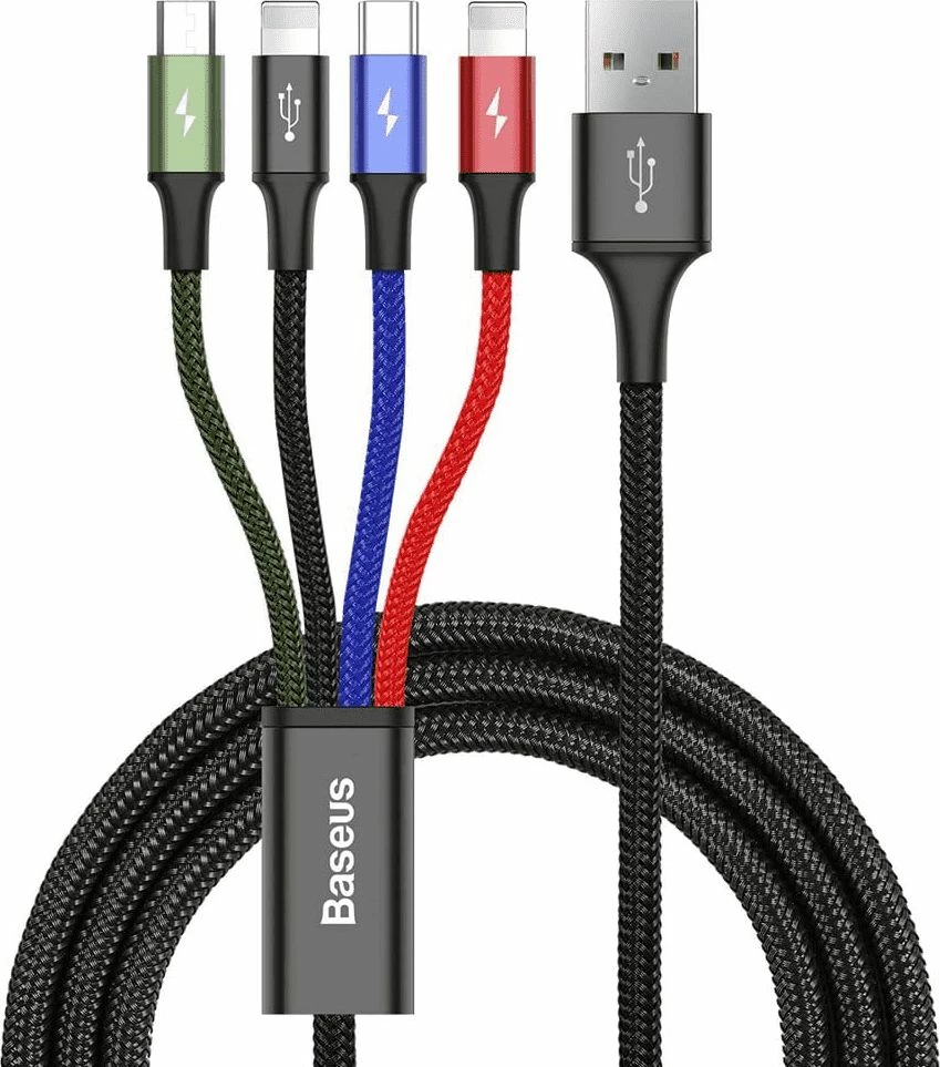 Kabllo USB 4-në-1 Baseus CA1T4-A01 1.2 m USB-A në USB-C + Micro USB + 2x Lightning, e zezë