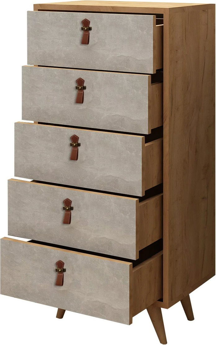 Komodë Skye Decor, ngjyrë lis dhe e bardhë, 5 sirtarë