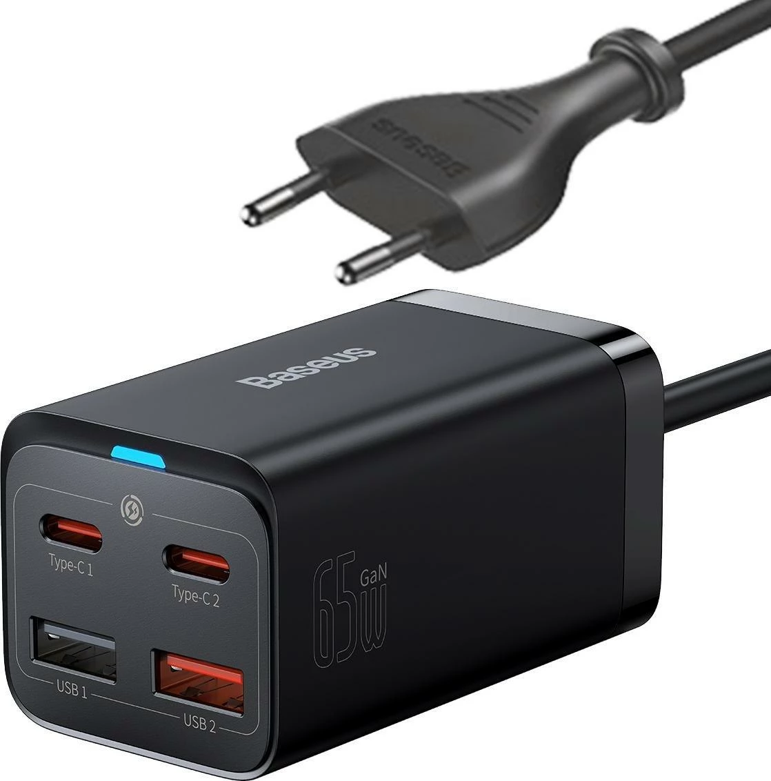 Karikues Baseus GaN3 Pro CCDK65E 65W 2x USB-C 2x USB-A me kabllo USB-C në USB-C 1m, i zi (CCGP040101)