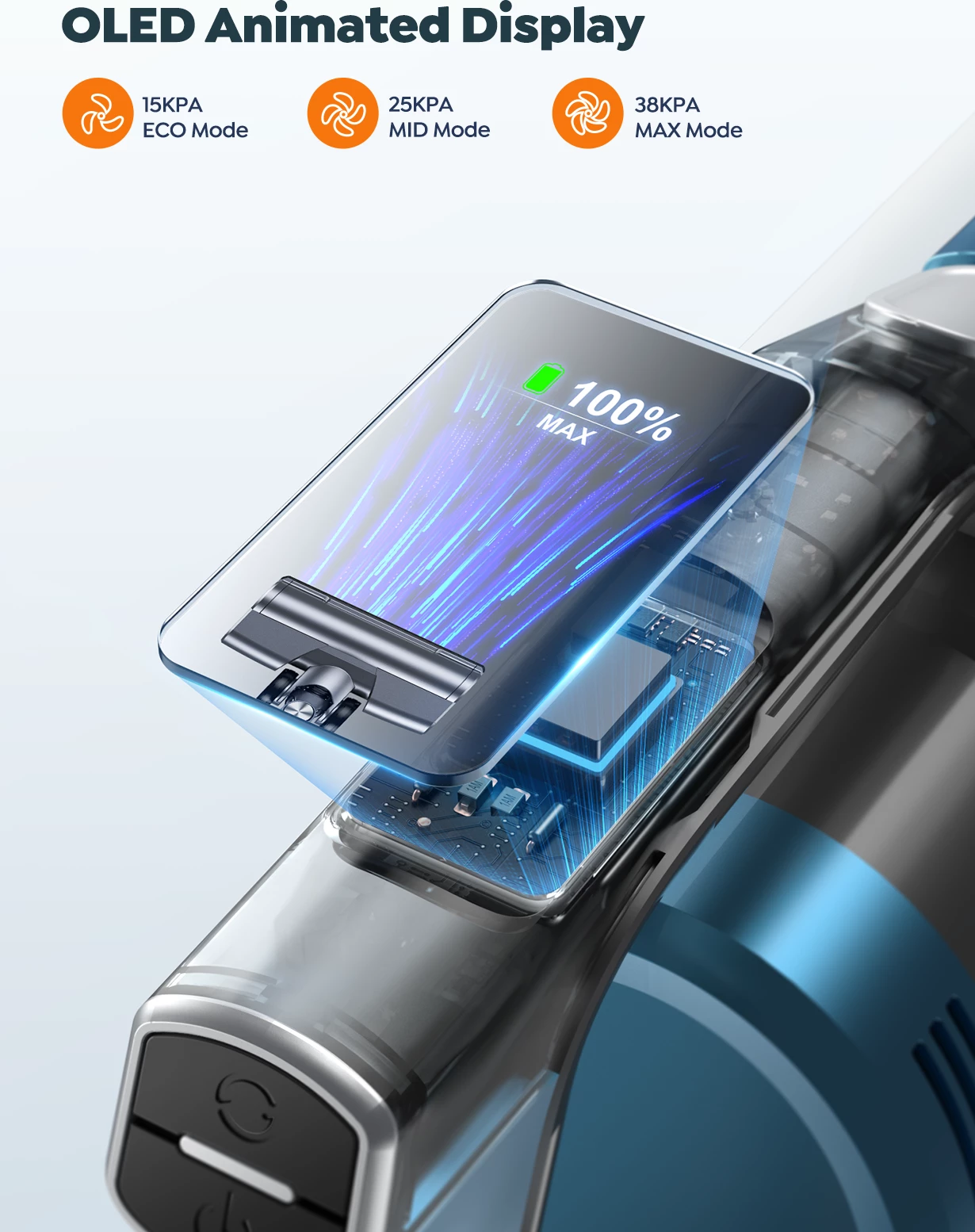 Fshesë me korent pa kabllo Honiture/Buture VC60 450W, 38000Pa, OLED, 1.5L, HEPA, deri 55min, set me aksesorë, blu/turkeze