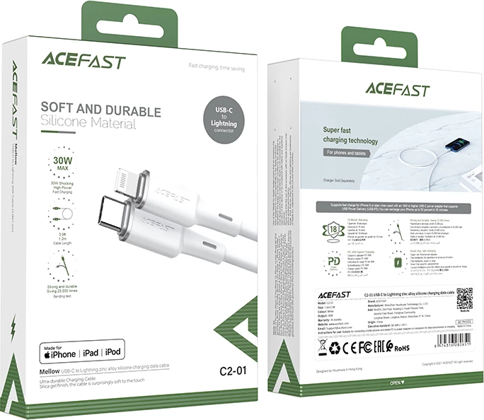 Kabllo Acefast C2-01, USB Type-C në Lightning, 1.2m, 30W, e zezë