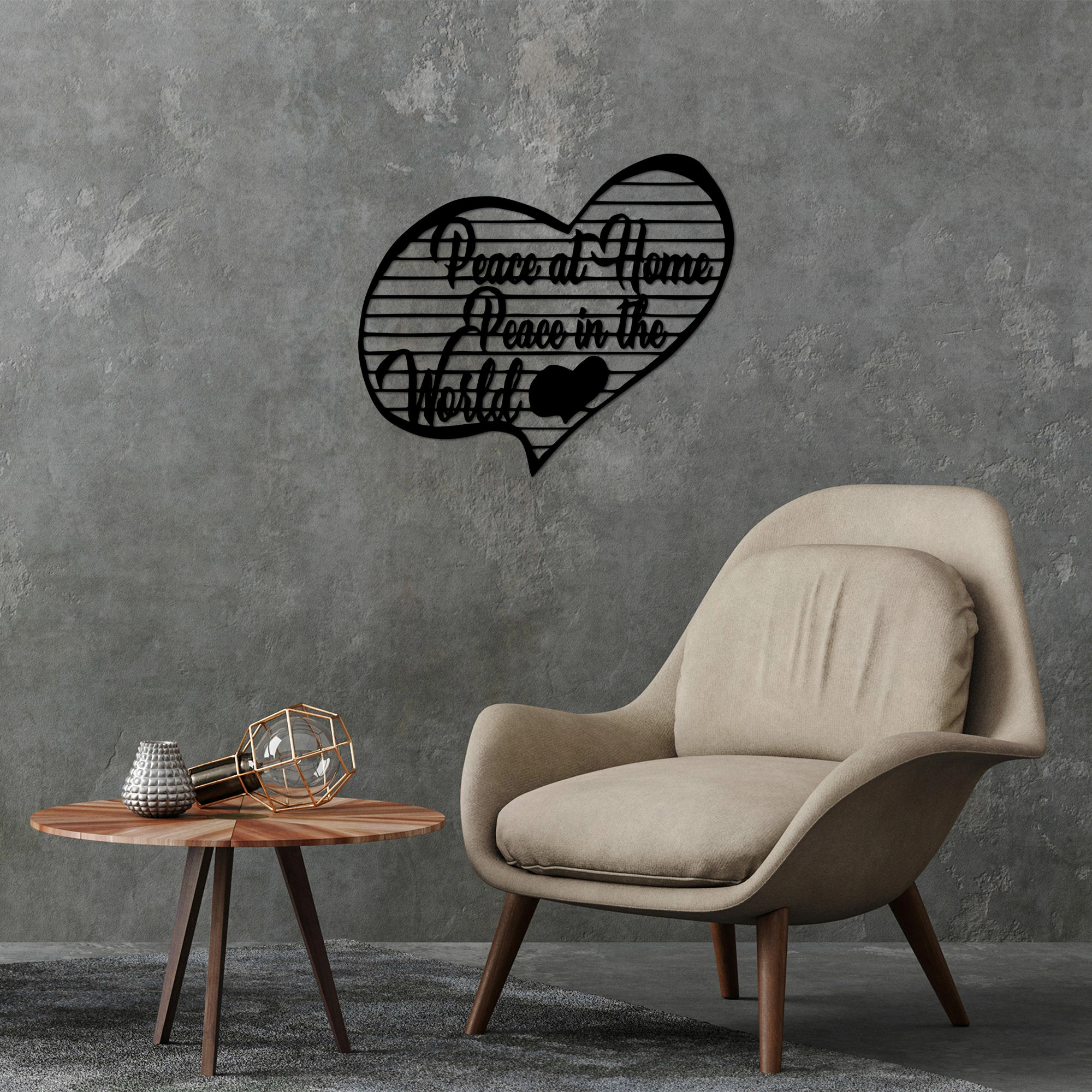 Aksesor dekorativ metalik për mur, Peace at Home Peace in the World, ngjyrë e zezë, 58x68cm