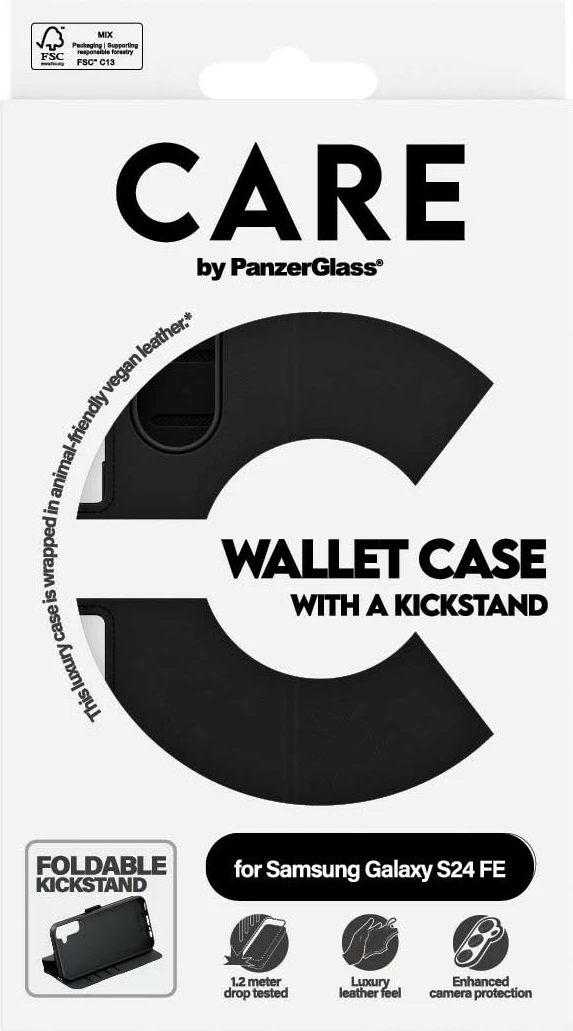 Mbështjellës portofol PanzerGlass CARE Feature me kickstand për Samsung Galaxy S24 FE, zi