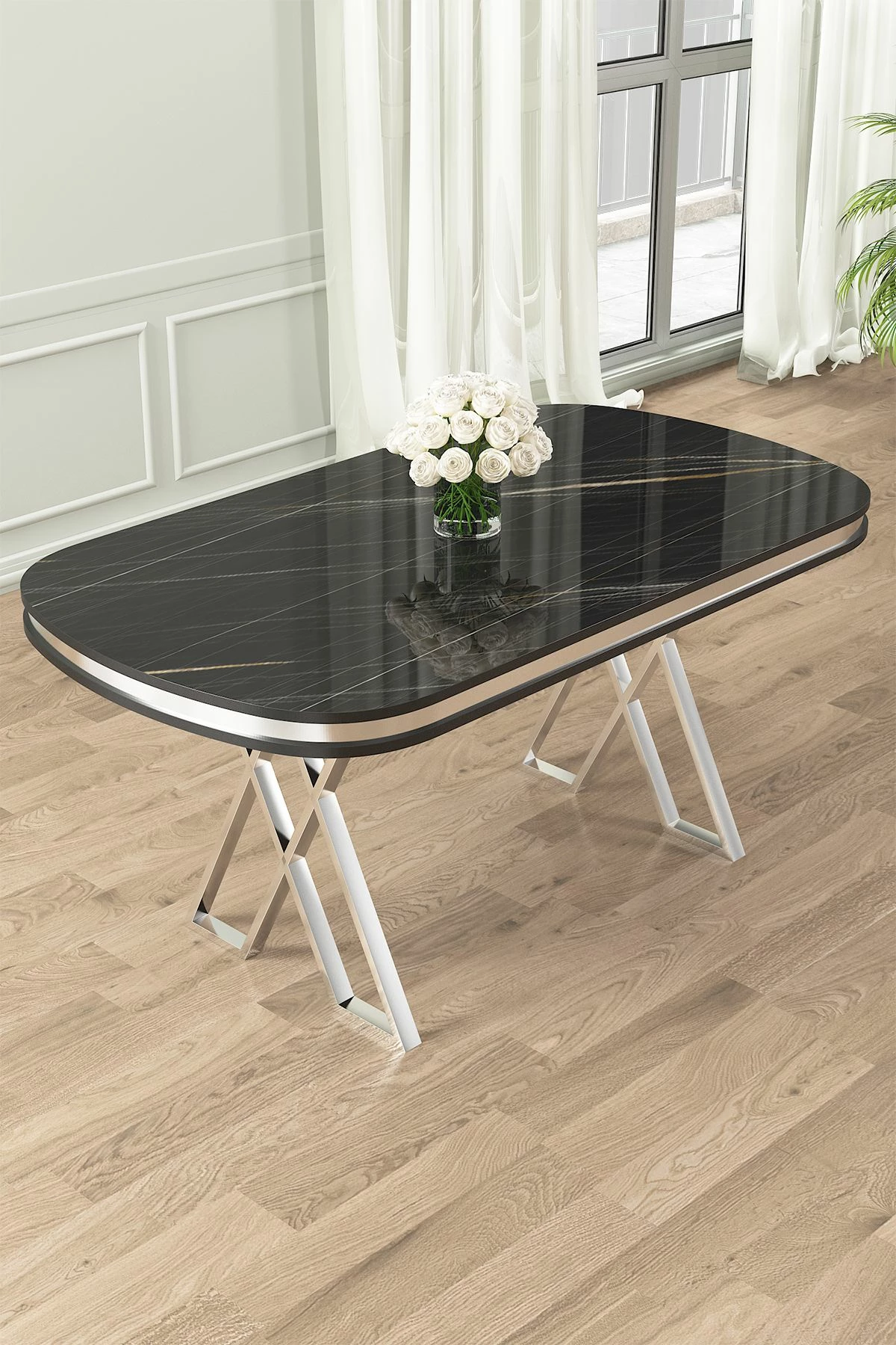 Tavolinë ngrënieje Hanah Home, Zae, mermer i zi, krom