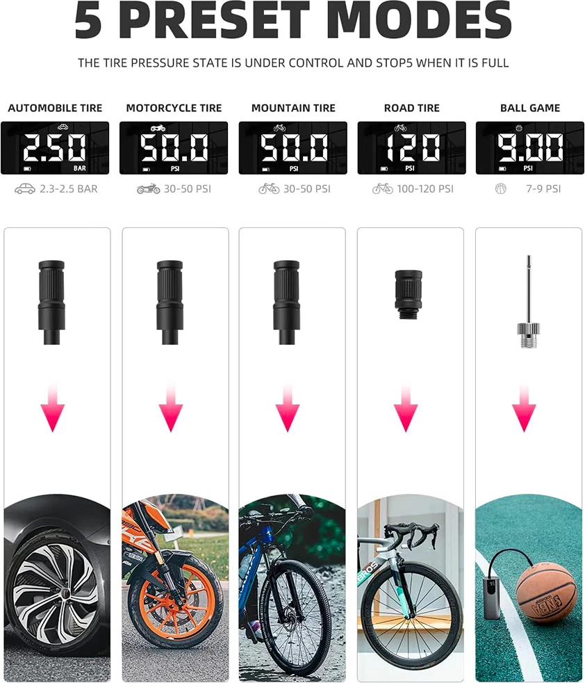 Pompë elektrike për biçikletë Rockbros 42720001001 me ekran LED, 5200 mAh, USB-C, e zezë, set me adapterë