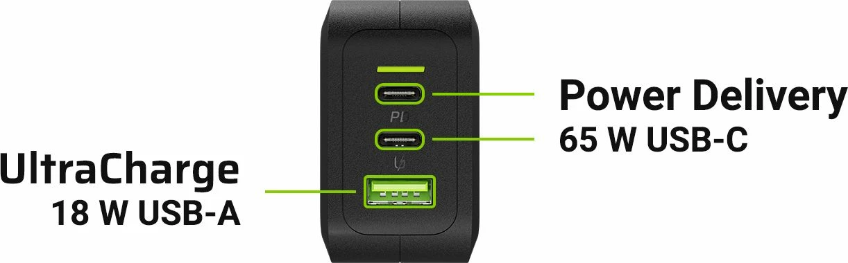 Karikues rrjeti Green Cell PowerGaN 65 W, 2x USB-C + 1x USB-A, 3.25 A, i zi
