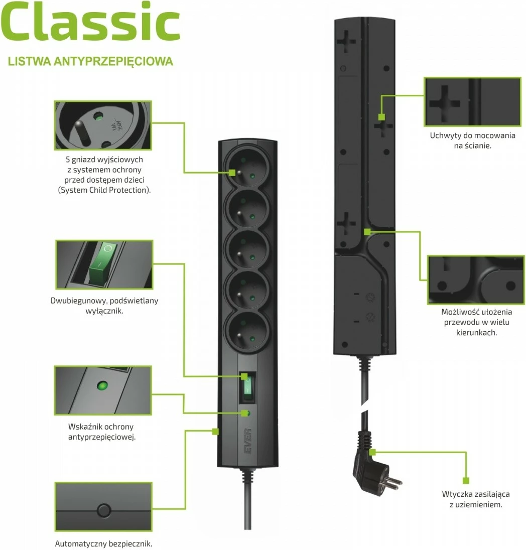 Listë mbrojtëse nga rrymat EVER Classic T/LZ09-CLA030/0000, 5 prizë, 3m, e zezë