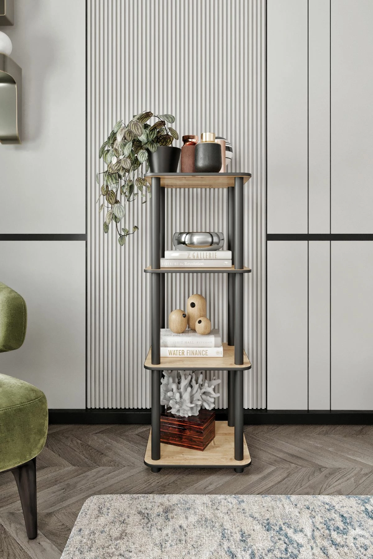 Raft librash Skye Decor, katër kate, ngjyrë lisi