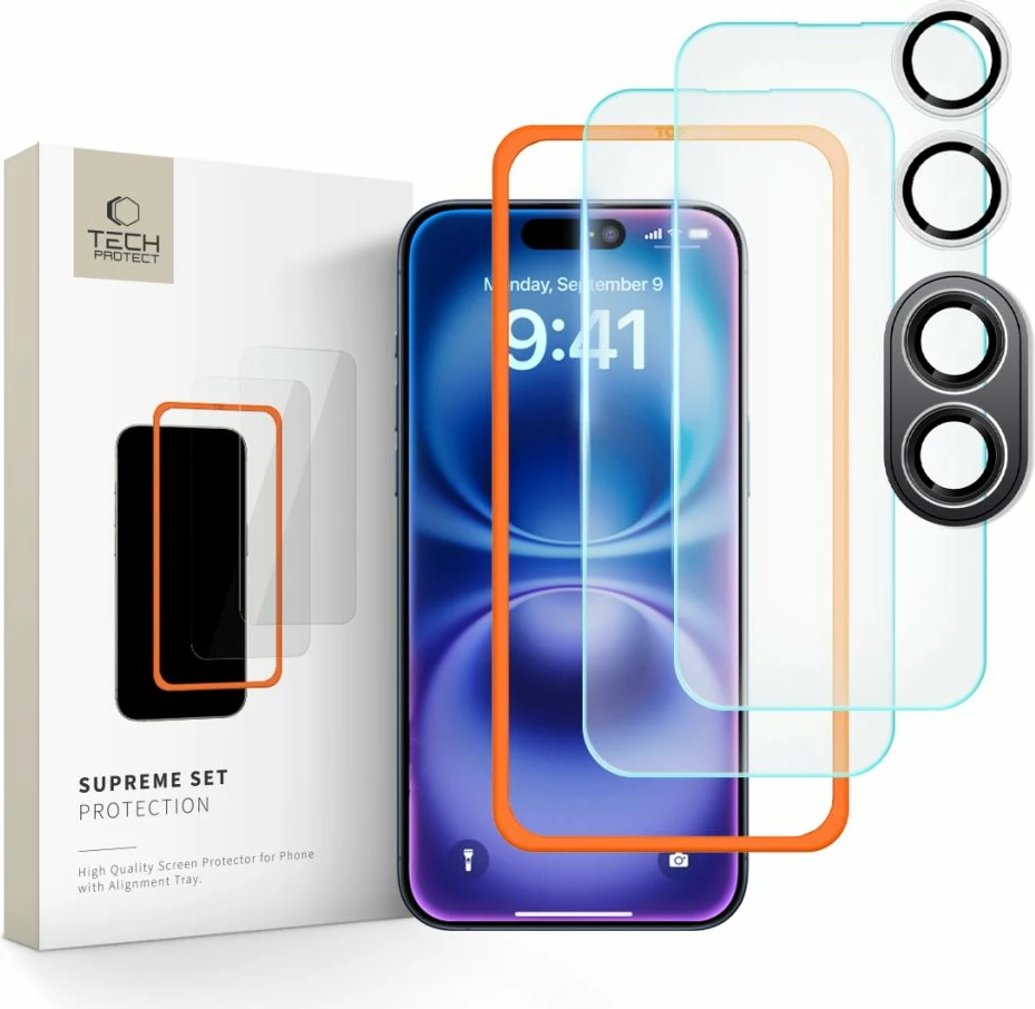 Set mbrojtës për ekran dhe kamerë Tech-Protect Supreme, për iPhone 16, Transparent, 3 copë