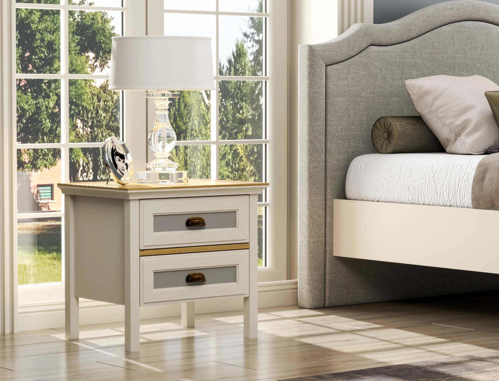 Komodinë anës krevati Skye Decor, krem, lis, gri, FRN-21016