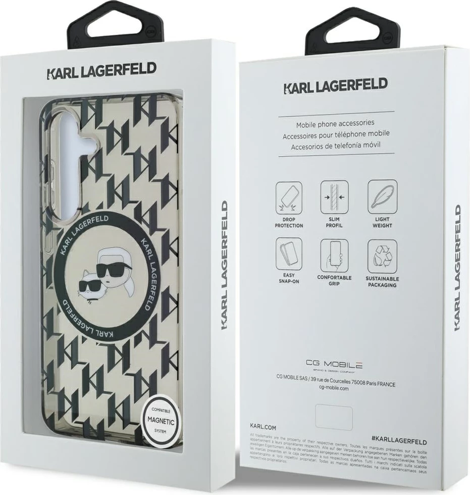 Mbështjellës Karl Lagerfeld Button Karl&Choupette Heads On KL Pattern MagSafe për Samsung Galaxy S25, zi