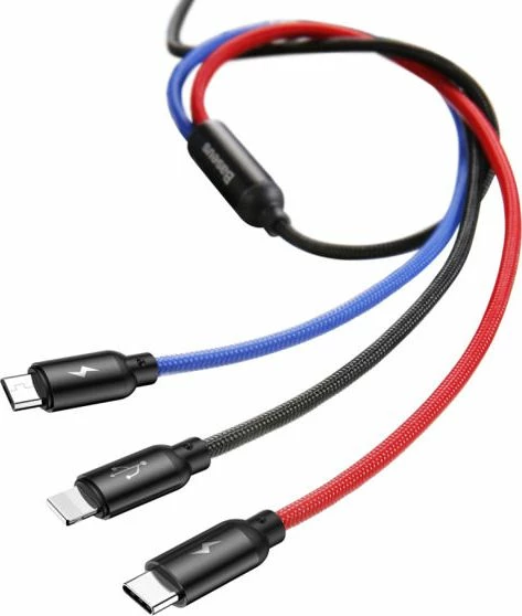 Kabllo USB 3-në-1 Baseus CAMLT-ASY01 0.3 m 3.5A USB-A në USB-C/microUSB/Lightning, blu/kuqe/zezë