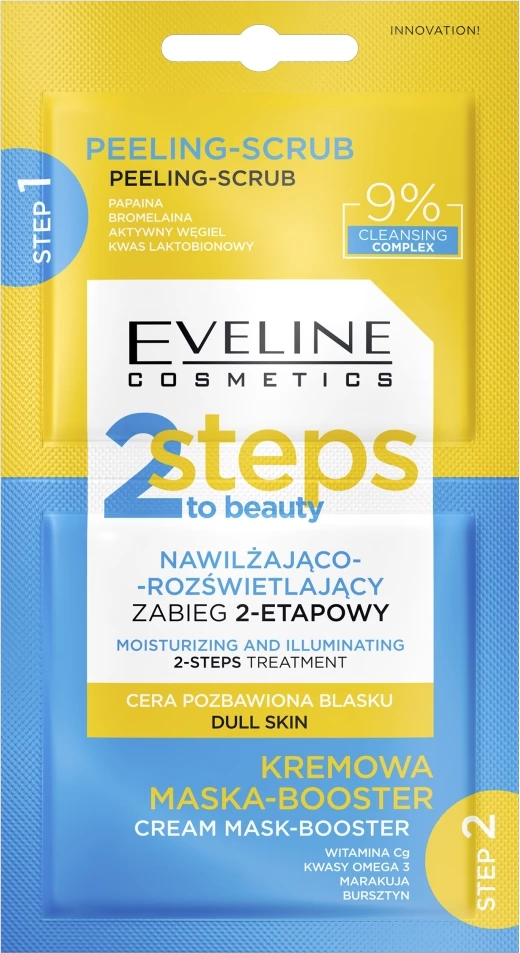 Maskë fytyre dy-hapëshe Eveline Cosmetics 2 Steps to Beauty Hydrating-Illuminating, 2x4ml, për femra