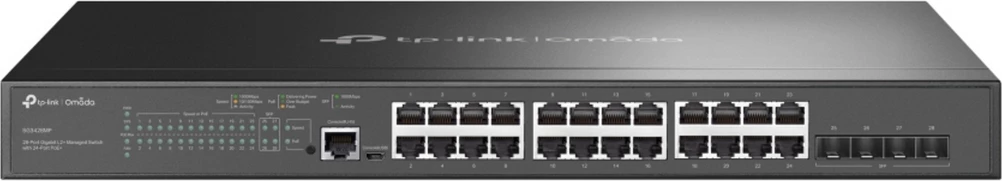Switch TP-Link TL-SG3428MP menaxhuar, 28 porta (24 RJ45 + 4 SFP), PoE+, rackmount, e zezë
