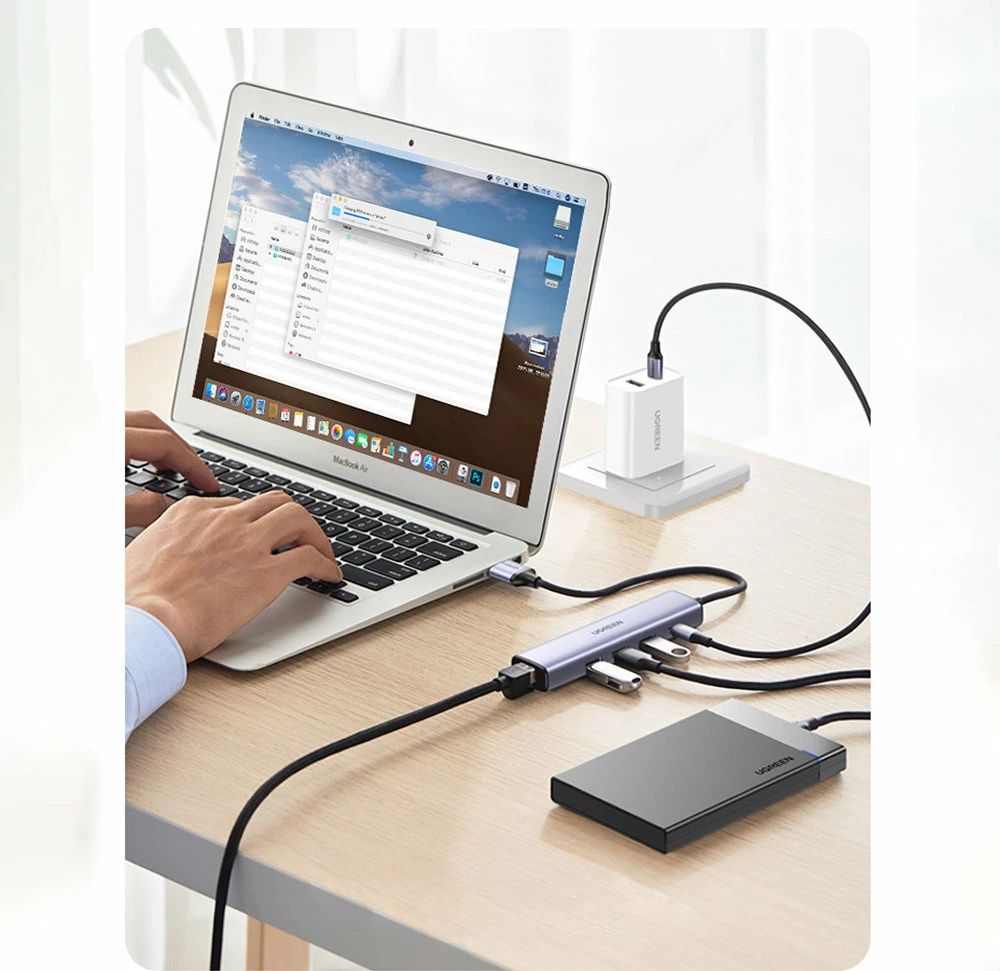 Adapter HUB multifunksional Ugreen CM475, 3x USB 3.0, Ethernet RJ-45, USB Type C PD, Gri