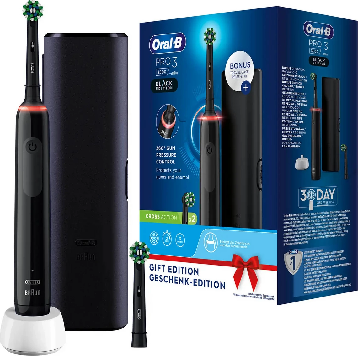 Furçë dhëmbësh elektrike, Oral-B, Pro 3 3500 (759912), 3 modalitete, sensor presioni 360°, etui udhëtimi, e zezë