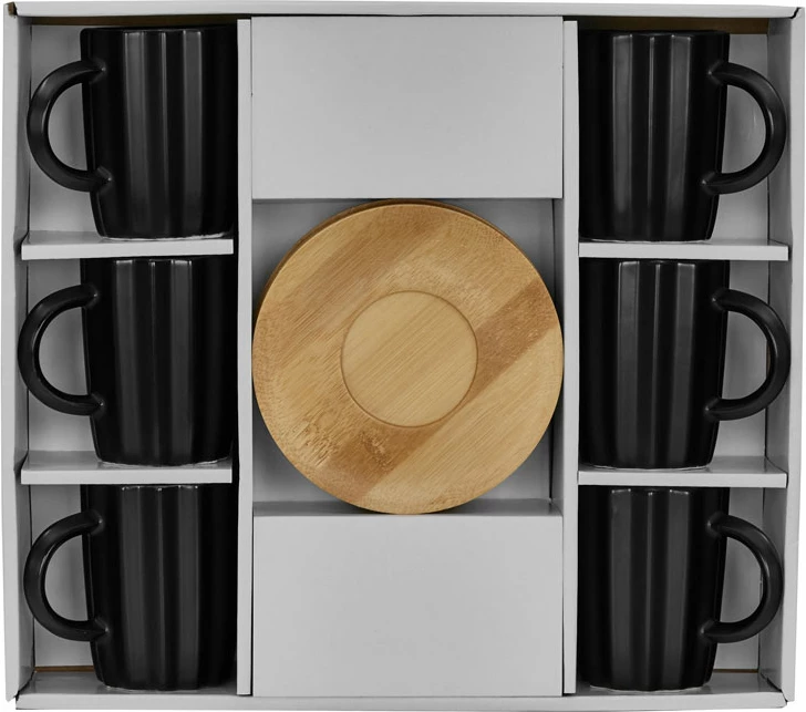 Set filxhanësh espresso Cactus, porcelan i zi, bambu natyral, 6 copë, 32x28x7cm