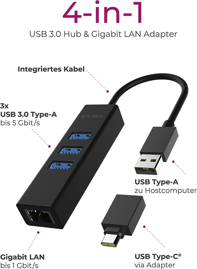 Adapter USB dhe LAN ICY BOX IB-HUB1419-LAN, USB 3.2 Gen 1, 10,100,1000 Mbit/s, i zi