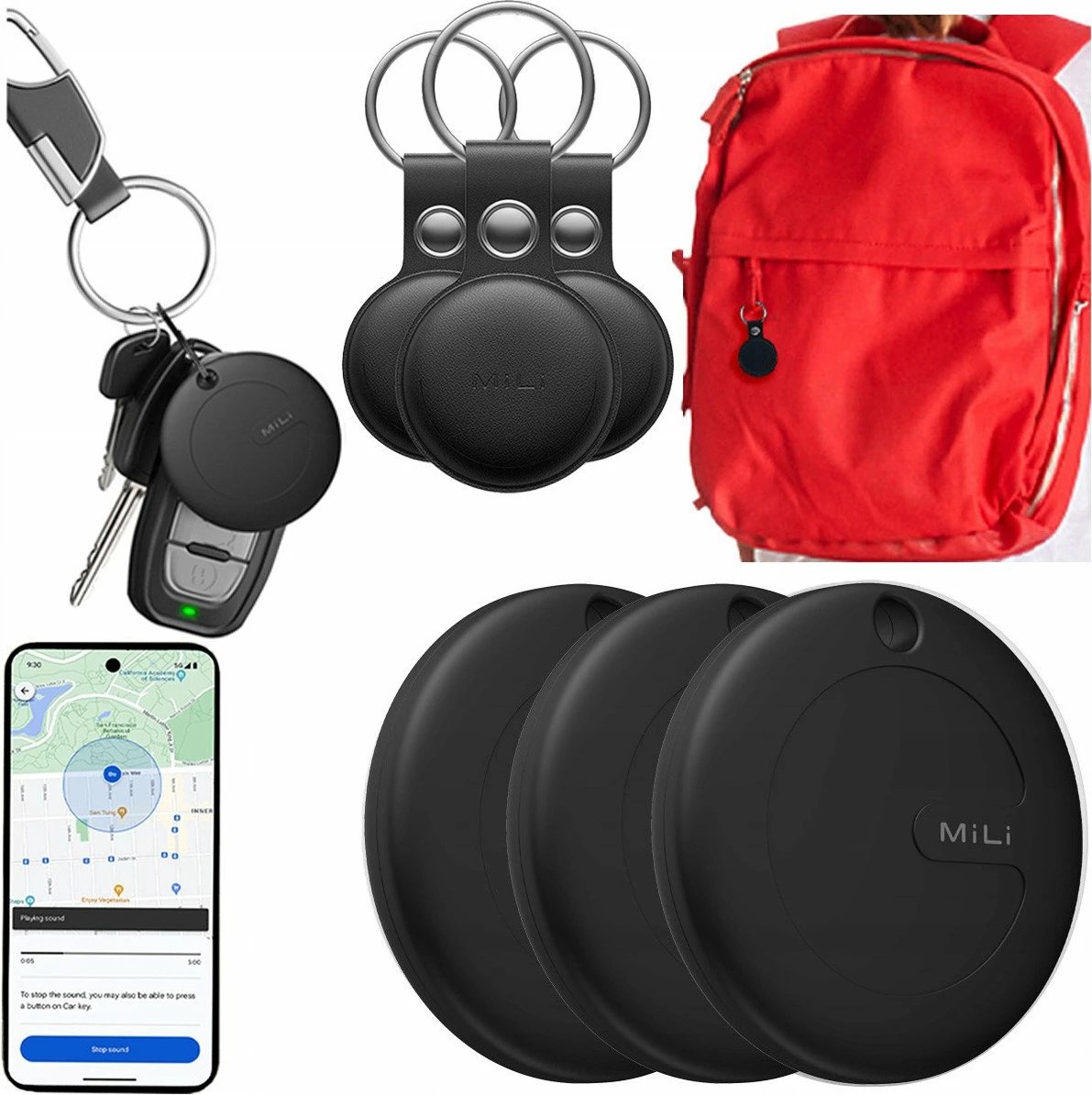 Gjurmues Bluetooth MiLi MiTag APL për iOS, BLE 5.2, IPX67, me këllëf, 3 copë, i zi