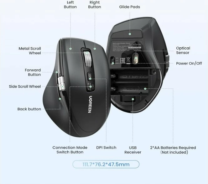 Maus Ugreen M751 wireless 5000 DPI Bluetooth/USB, i zi