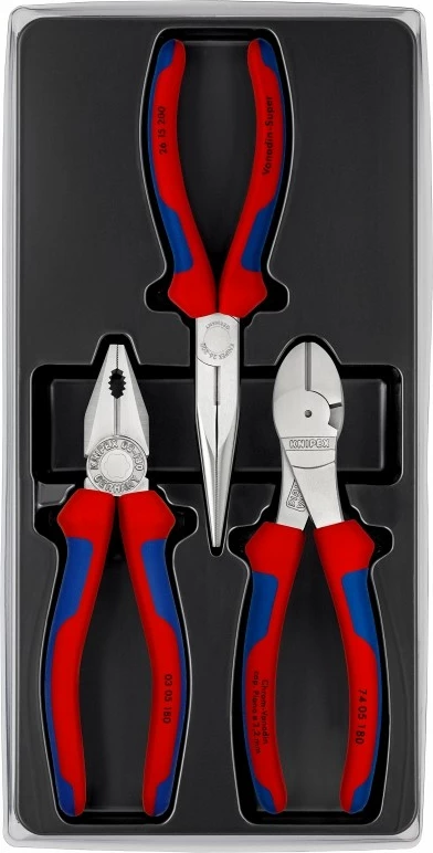 Set pincash Knipex 00 20 11 V01, 3 copë, 180mm, dorezë plastike, kaltër/kuqe