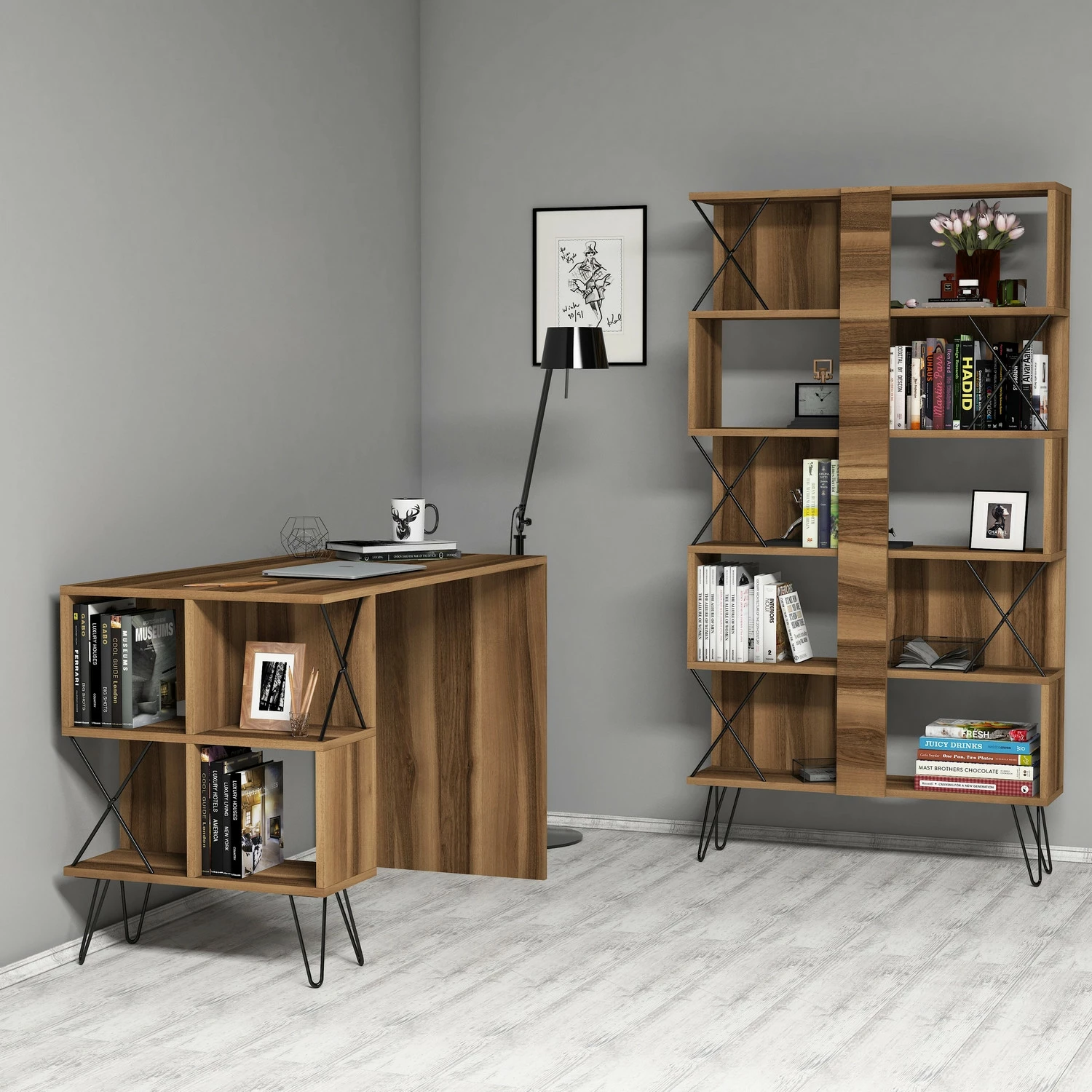 Set tavoline pune me raft librash, ngjyrë arre dhe e zezë, Skye Decor, ekstra