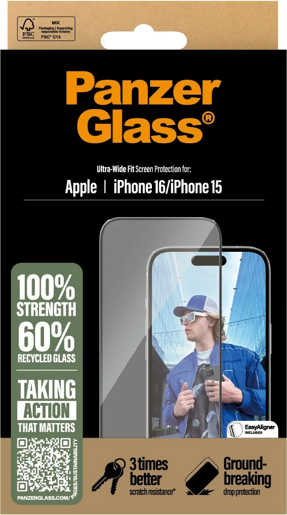 Mbrojtës ekrani PanzerGlass për iPhone 16/15, transparent