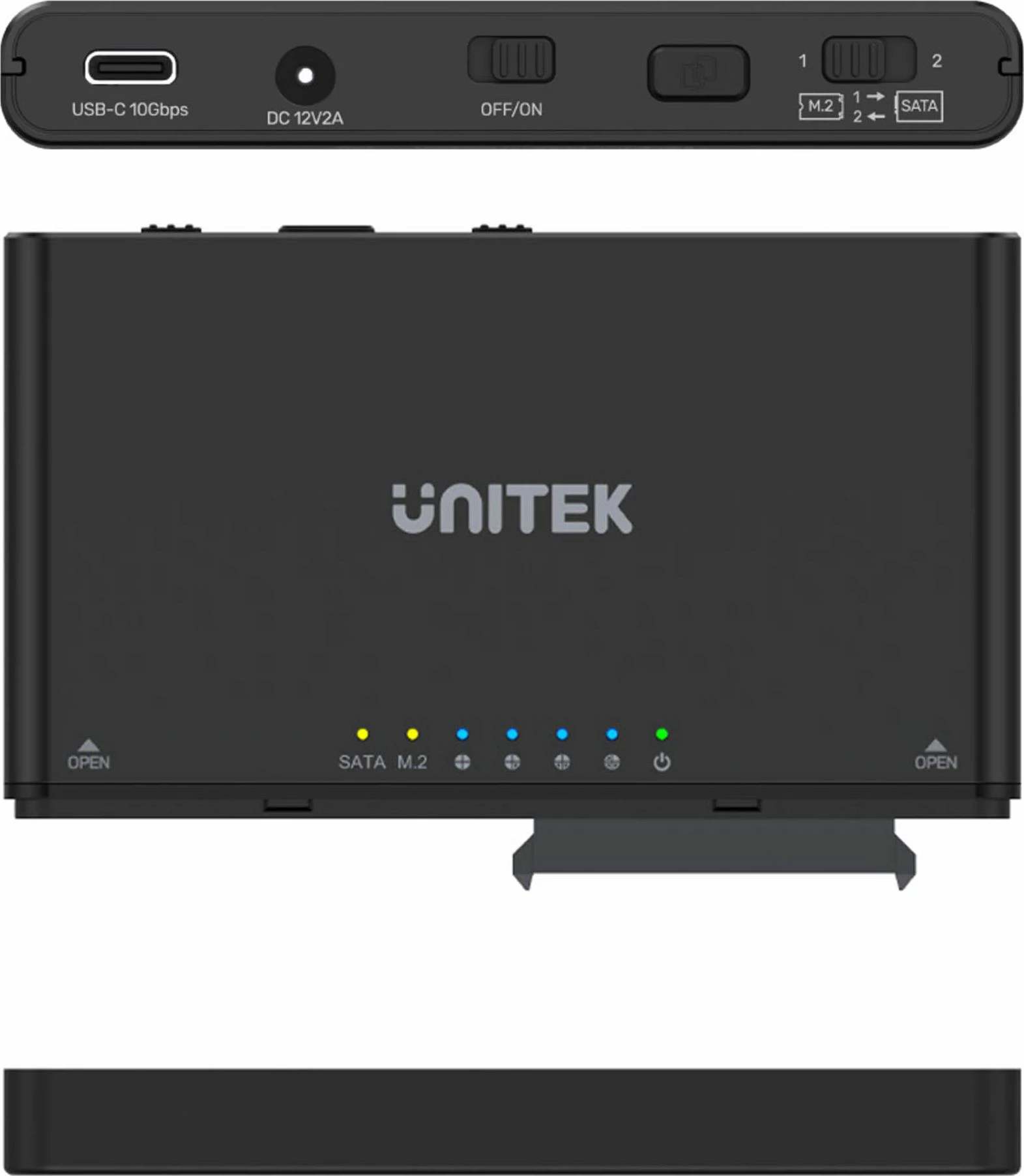 Kasë e jashtme për disqe Unitek S1222A, NVMe M.2 + SATA 2.5\"/3.5\", USB-C 3.2 Gen 2 10Gbps, klonim offline, e zezë