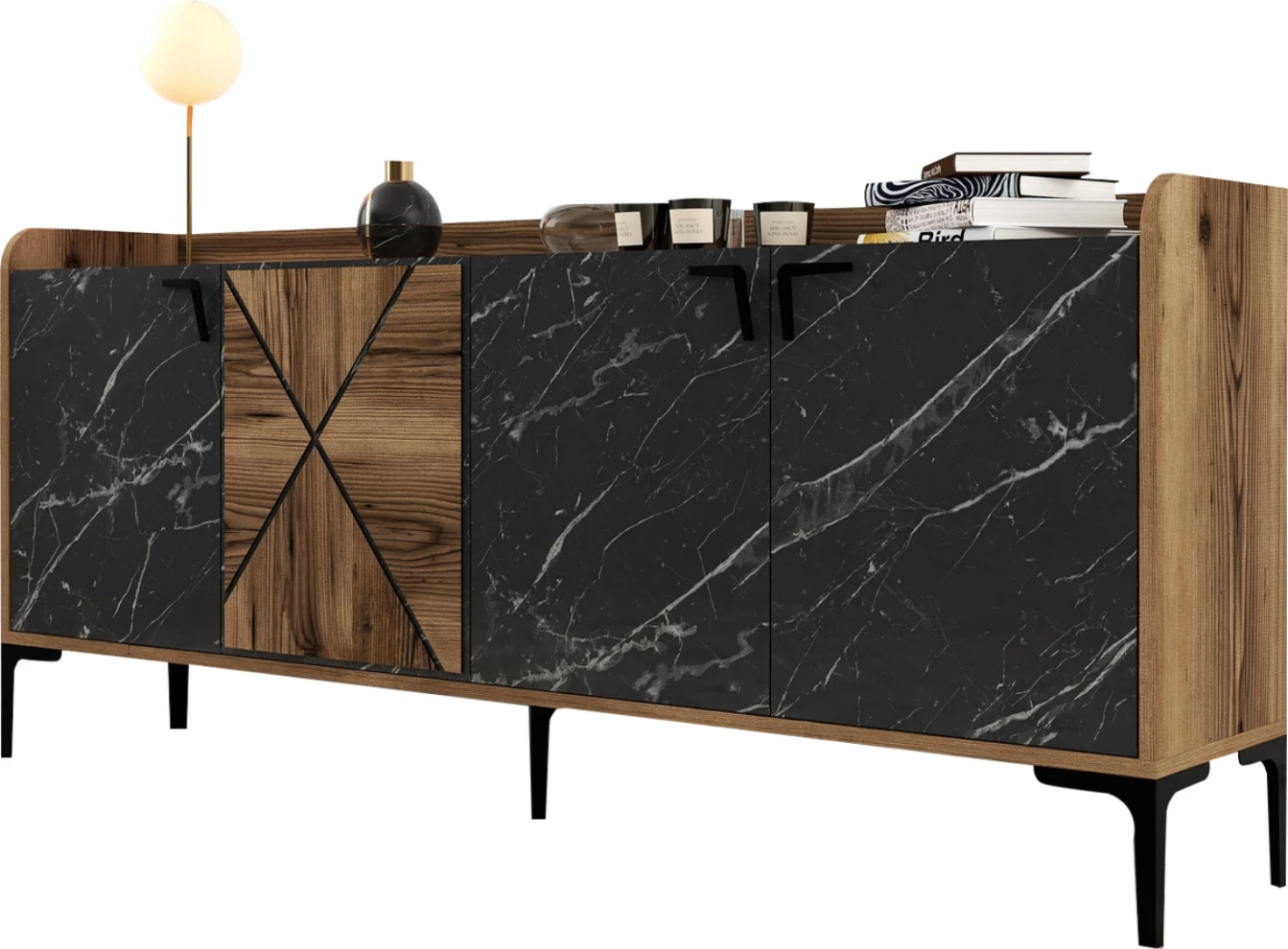 Bufet melamine, ngjyrë arre me dyer pamje mermeri të zi, FH9433.03, 180x35x78 cm