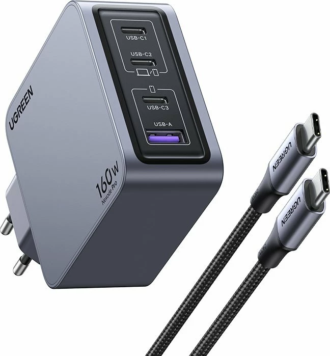 Karikues Ugreen Nexode Pro UGR1838 160W, 1x USB-A + 3x USB-C, GaN II, me kabllo, gri