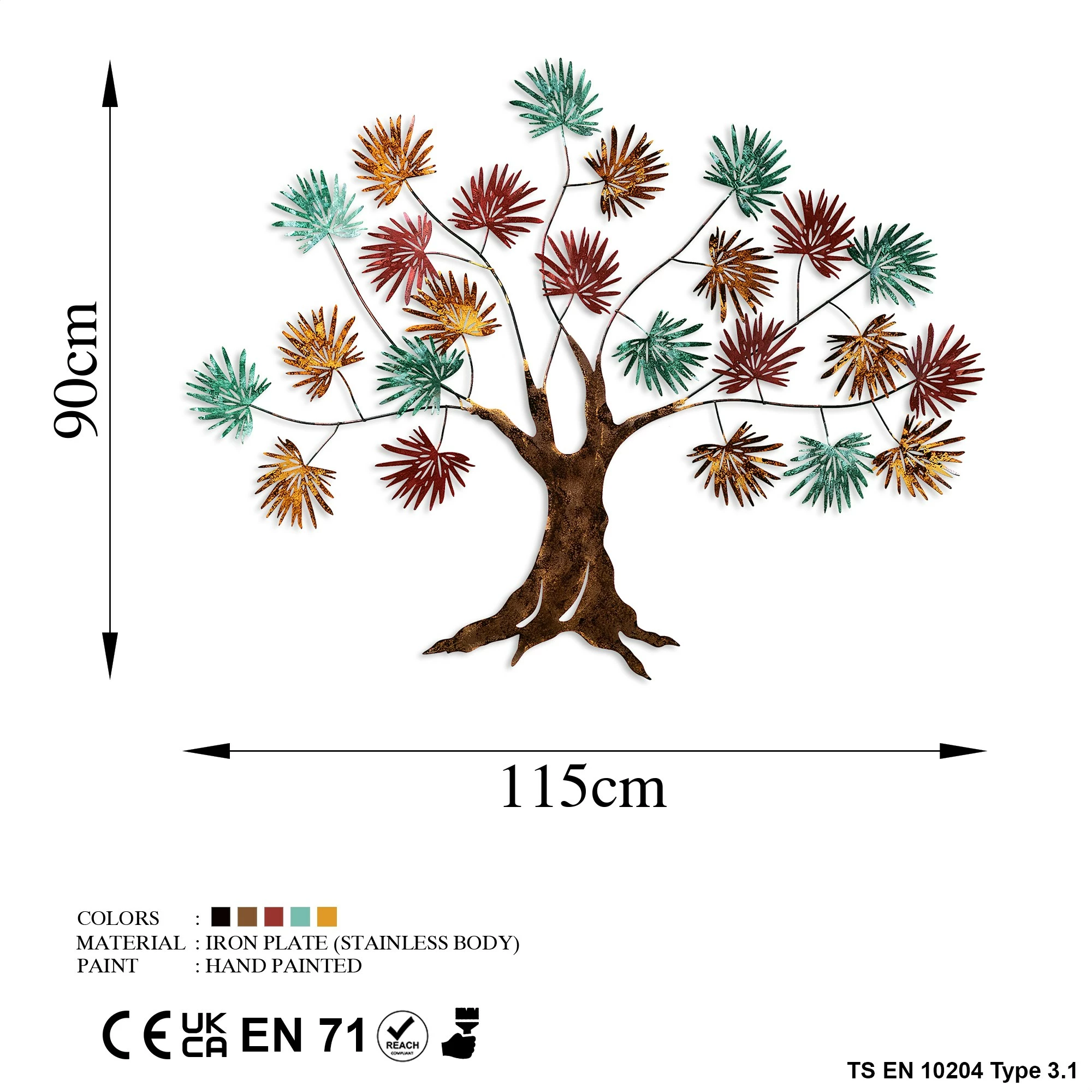 Aksesor dekorativ metalik për mur, Wallity, gjethe panje, ngjyrë e gjelbër, e kuqe