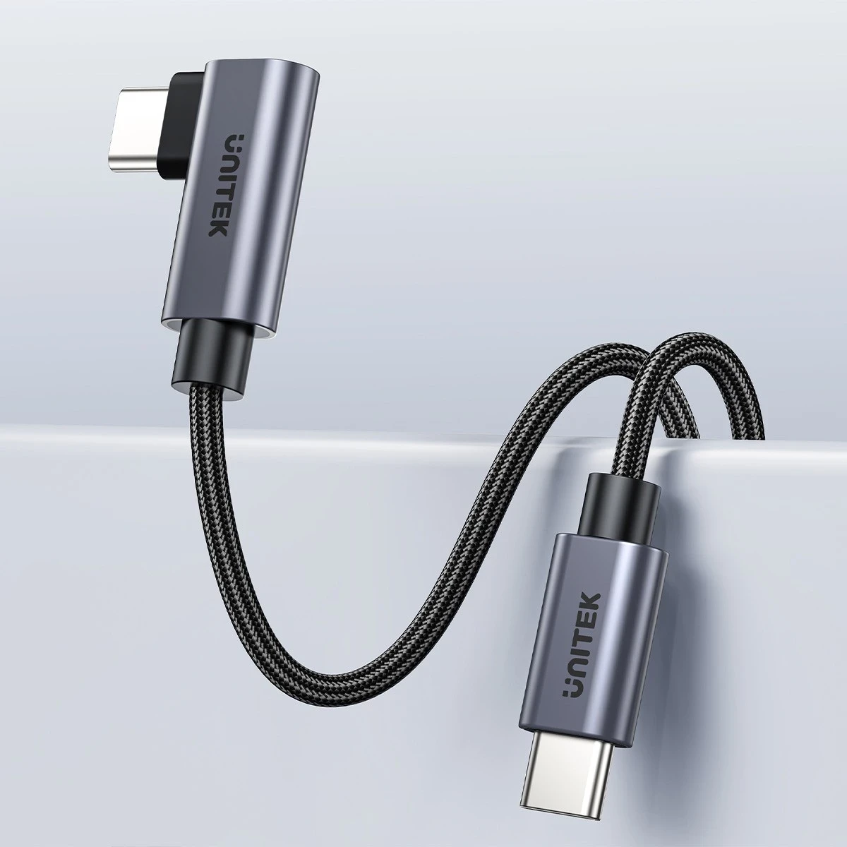 Kabëll USB-C Unitek, 90° PD100W, 1m, zi-gri