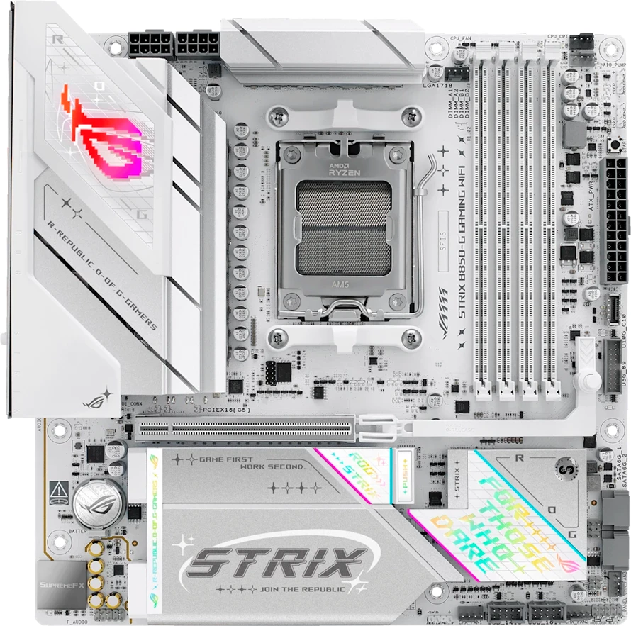 Pllakë amë ASUS ROG STRIX B850-G GAMING WIFI, AM5 mATX, DDR5 4xDIMM, 4xM.2, PCIe 5.0, 2.5GbE, WiFi 7, Bluetooth 5.4, HDMI/DisplayPort, Aura Sync, e bardhë