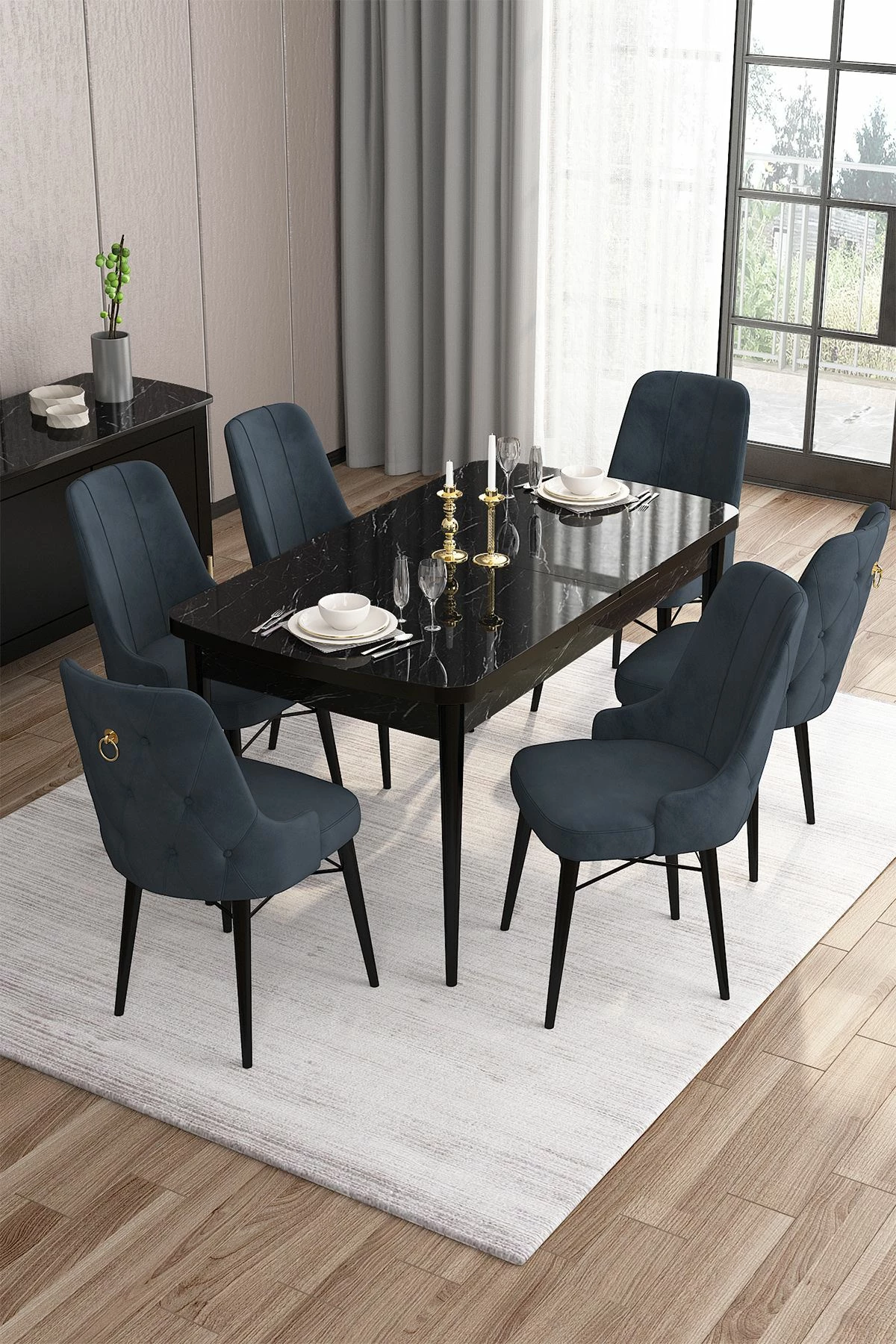 Tavolinë me karrige për ngrënie, zgjatshme, 7 copë, Skye Decor, ngjyrë mermeri të zi, antracit